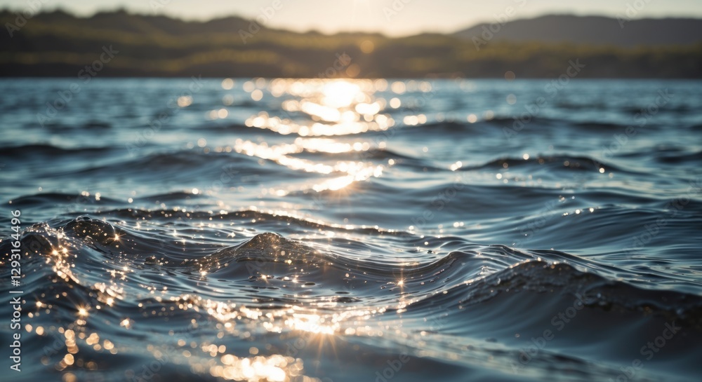 Poster glittering water surface with gentle waves reflecting sunlight in a serene natural setting during go