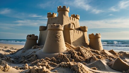 Intricate Sandcastle Surrounded By Golden Sand On A Beach With Waves And Blue Sky In The Background