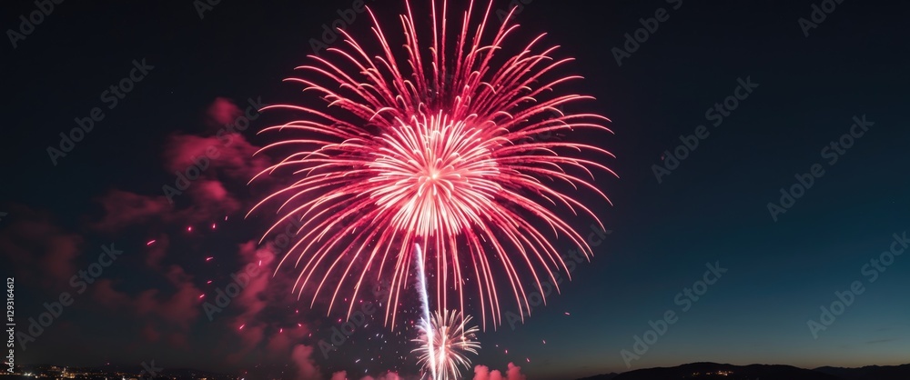 Aufkleber vibrant red firework display illuminating the night sky with dark background and space for text or g