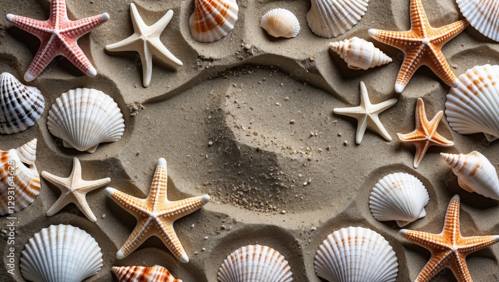 Poster sandy beach background surrounded by seashells and starfish creating a relaxing summer holiday atmos