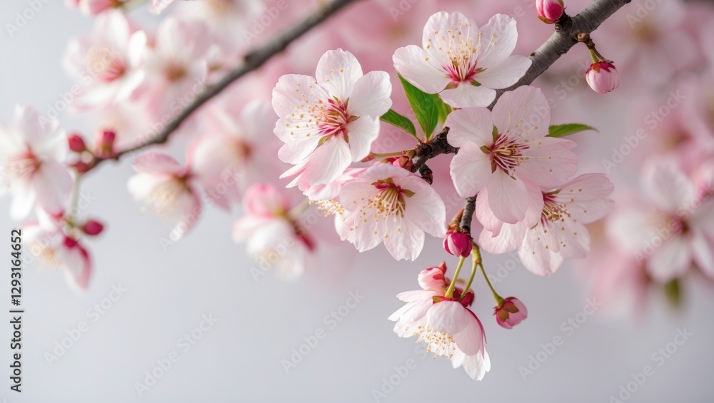 Poster cherry blossom branch isolated on white background with shallow depth of field and soft tones featur