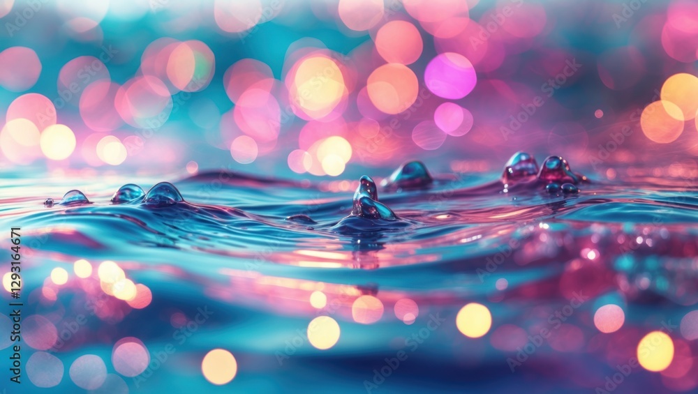 Poster bokeh water background with colorful droplets creating a dreamy, abstract ocean scene, ideal for fan