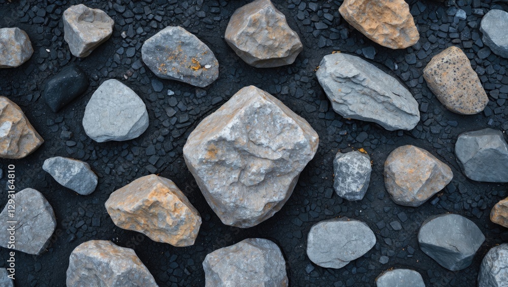 Poster surface texture of asphalt featuring various large stones arranged in a natural layout on a dark bac