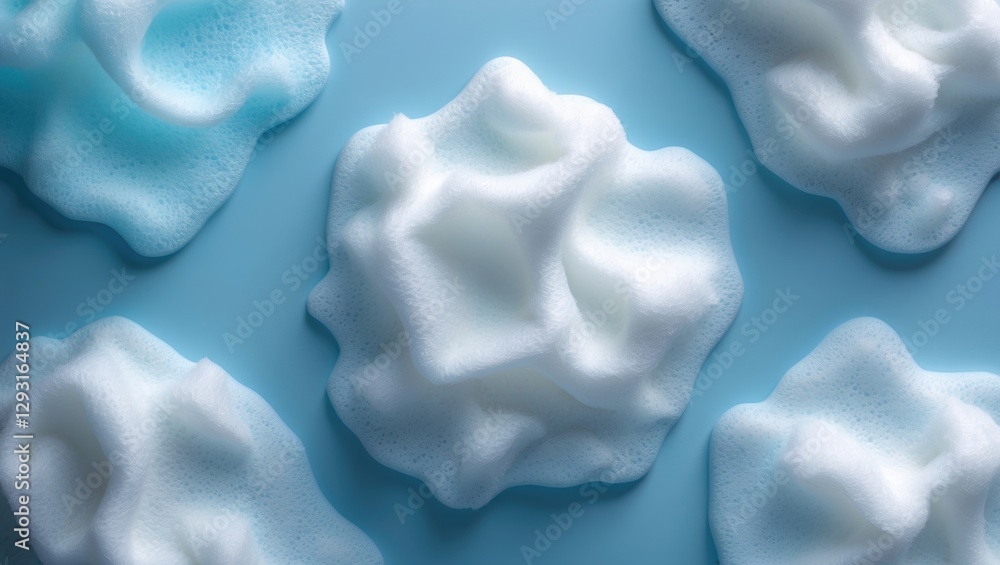 Poster fluffy white foam shapes on a soft blue background creating an abstract texture design for spa or cl