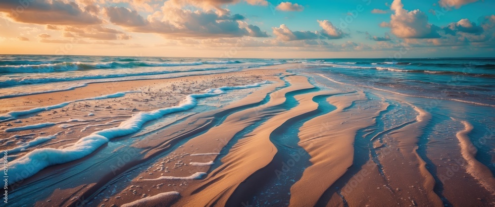 Poster beautiful beach landscape with gentle waves and patterns on sandy shore at low tide during a colorfu