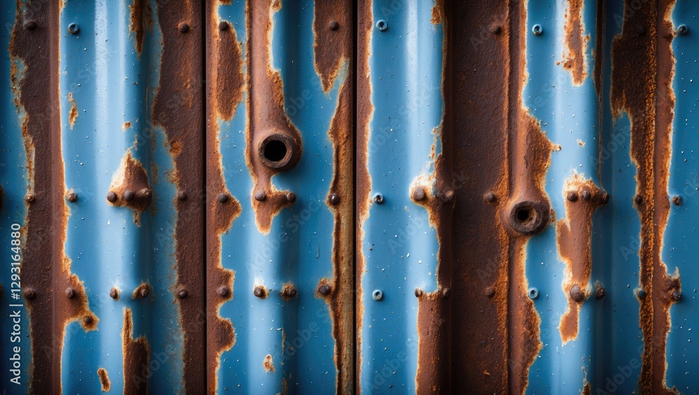 Poster weathered blue metal surface with rust showing intricate textures and patterns for industrial or art