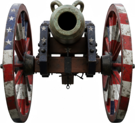 Antique American Revolutionary War Cannon with Patriotically Painted Wheels Front View