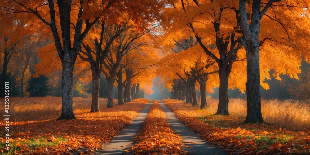 Poster autumn pathway surrounded by colorful trees and fallen leaves with clear sky and space for text or m