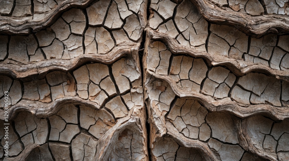 Poster texture of a dry cracked tree bark revealing intricate patterns and natural aging process in a close