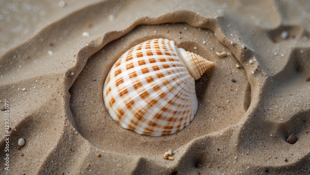 Poster seashell embedded in sand with gentle natural patterns and textures highlighting oceanic beauty and 