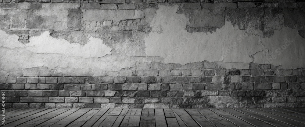 Poster black and white textured wall with peeling paint and bricks suitable for background use in various d