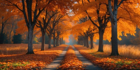 Autumn Pathway Surrounded by Colorful Trees and Fallen Leaves with Clear Sky and Space for Text or Message