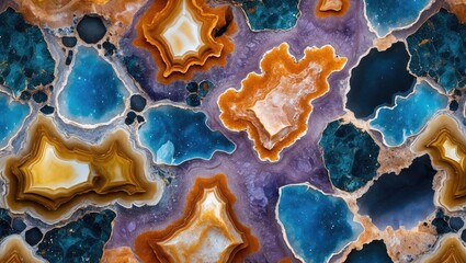 Colorful polished natural minerals abstract background showcasing vibrant patterns and textures of pegmatite stones in a seamless design.