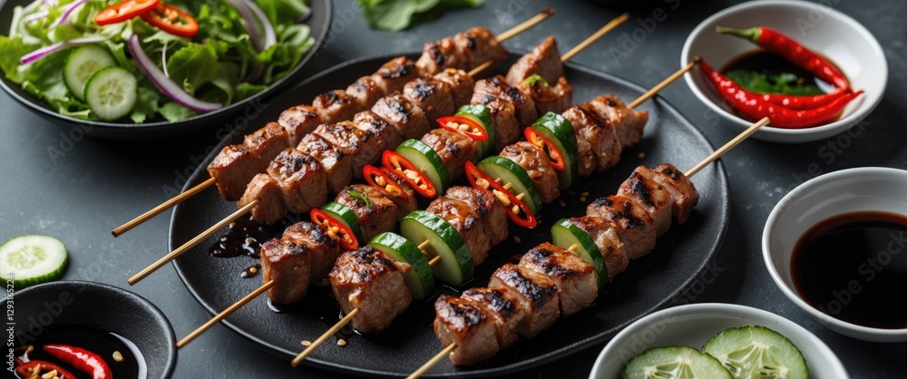Poster grilled satay skewers with fresh salad cucumber chili and soy sauce on dark background with empty sp