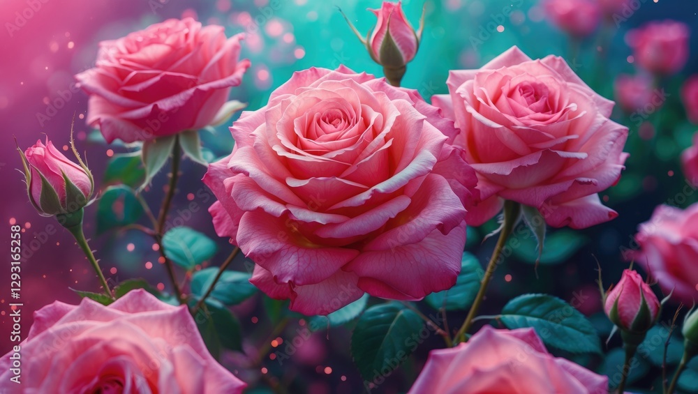 Poster vibrant pink roses in a dreamy glowing background with soft bokeh effects creating a romantic and en