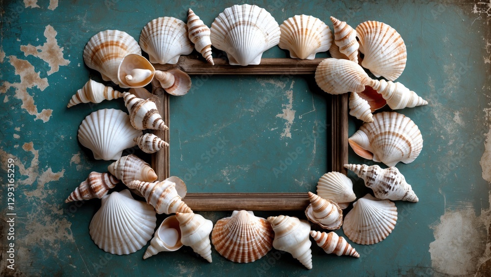 Poster seashells arranged in a decorative frame on a vintage textured background creating a coastal or beac