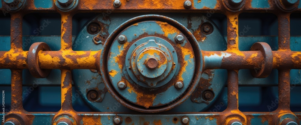 Poster close-up of rusting metallic surface with textured patterns showcasing vibrant orange and teal tones