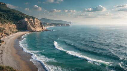 Fototapeta premium Stunning Coastal Landscape with Waves and Cliffs Under Dramatic Clouds at Seaside