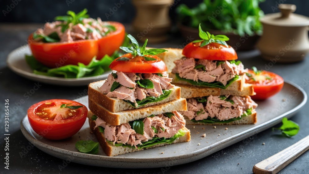 Poster tuna fish salad sandwich with fresh tomatoes and spinach on a plate with empty space for text or bra