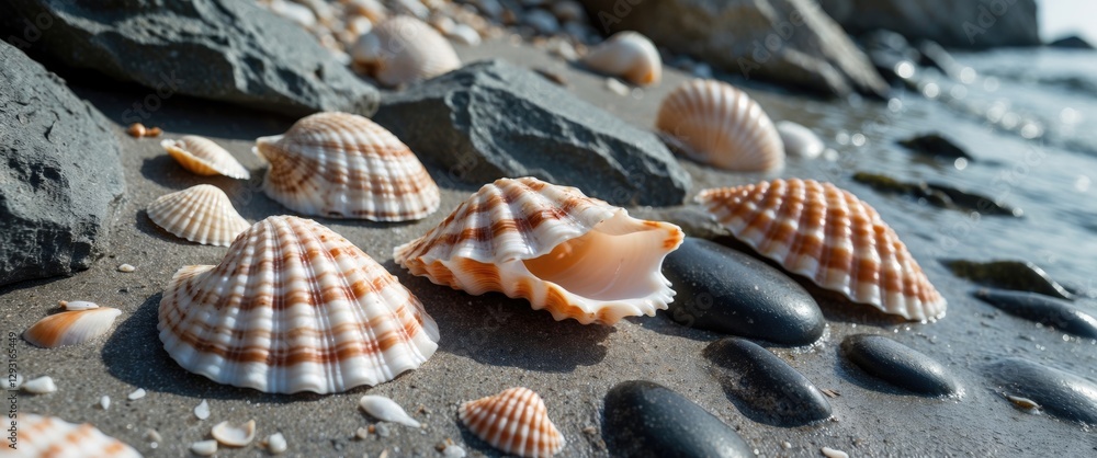 Poster seashells and smooth rocks lining a serene beach with clear coastal waters and ample space for custo