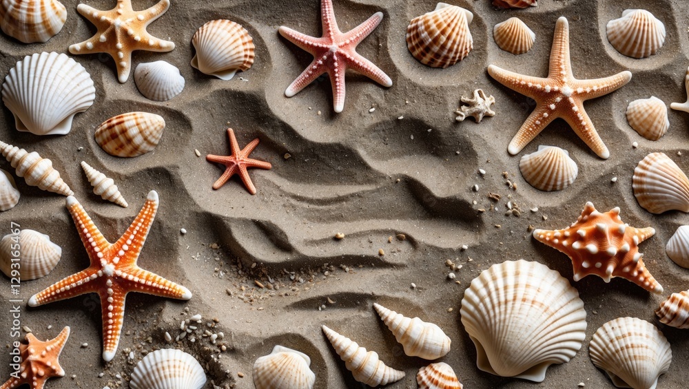 Poster seashells and starfish lying on sandy beach natural texture summer holiday background with empty spa