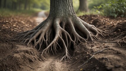 Fototapeta premium Ancient tree roots sprawling across a dirt trail illustrating nature's resilience and the relationship between flora and the earth.