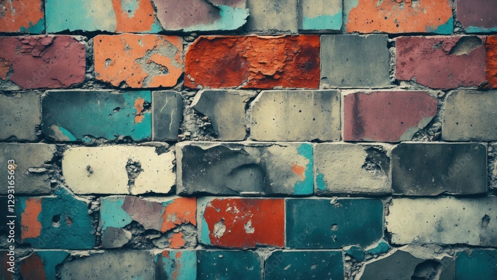Poster colorful weathered brick wall texture with unique patterns creating a vintage and abstract aesthetic