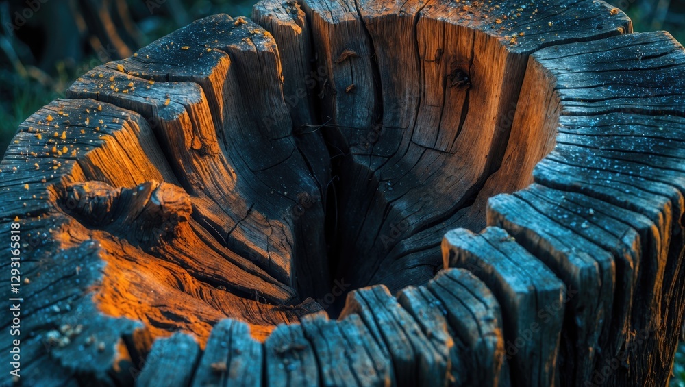 Poster a close-up of weathered tree stump showcasing intricate wood texture and natural patterns illuminate