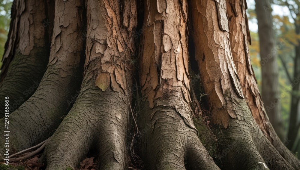 Aufkleber textured bark and roots of an ancient tree displaying nature's beauty and resilience in a serene for