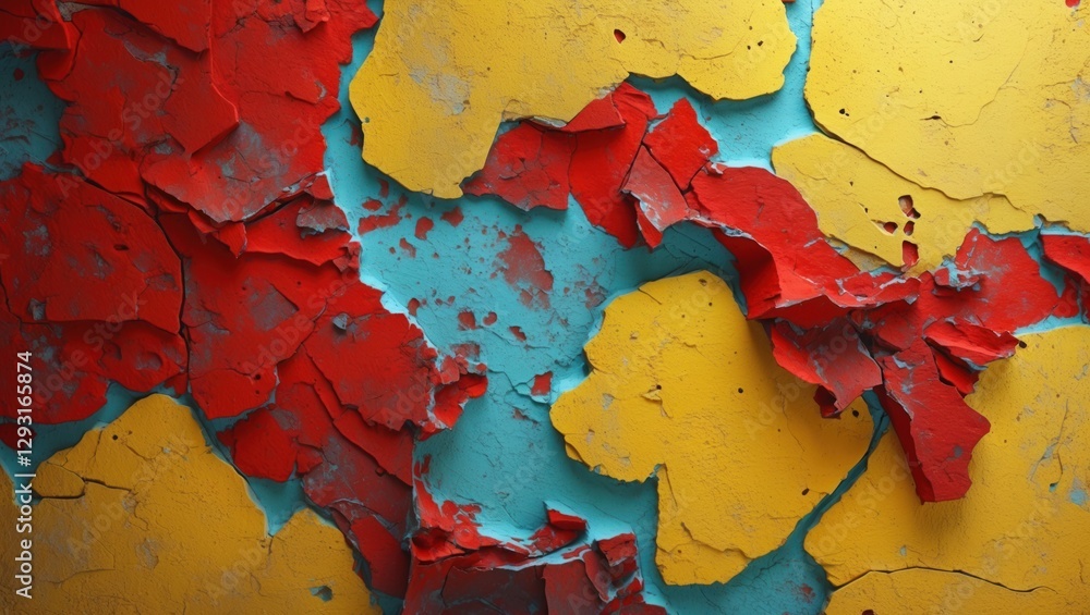 Poster abstract wall surface with peeling red and yellow paint creating a textured background suitable for 