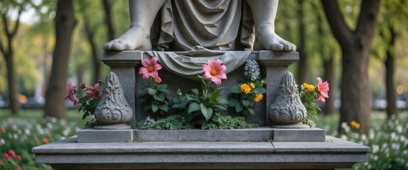 Obraz premium Sculpture Detail Surrounded By Colorful Flowers In Park With Greenery And Empty Space For Text Or Caption