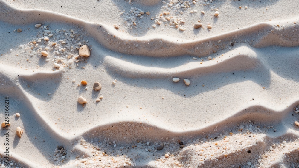 Poster textured white sand surface with small pebbles and seashells creating a serene abstract backdrop for