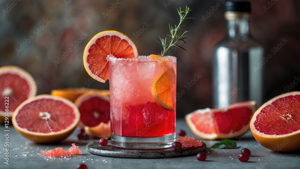 Poster ruby-red grapefruit cocktail with fresh garnish surrounded by halved fruit and empty space for custo