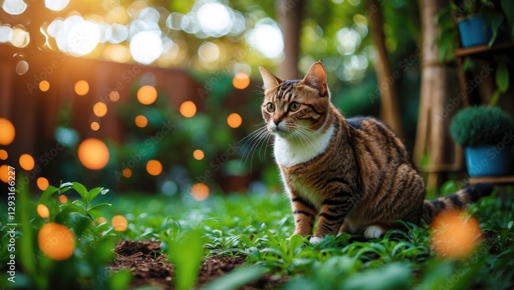 Poster striped cat in lush garden with beautiful bokeh effect and ample space for text overlay