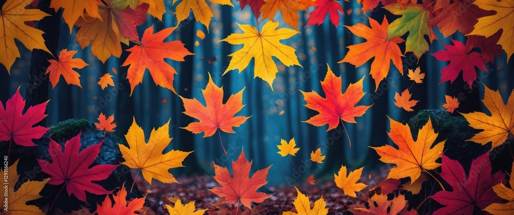 Poster vibrant seamless pattern of colorful autumn maple leaves with a serene forest backdrop creating a se
