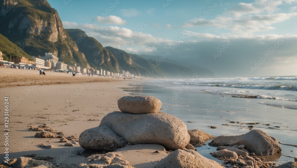 Aufkleber tranquil beach scene with stacked rocks and empty space for text overlay in coastal landscape