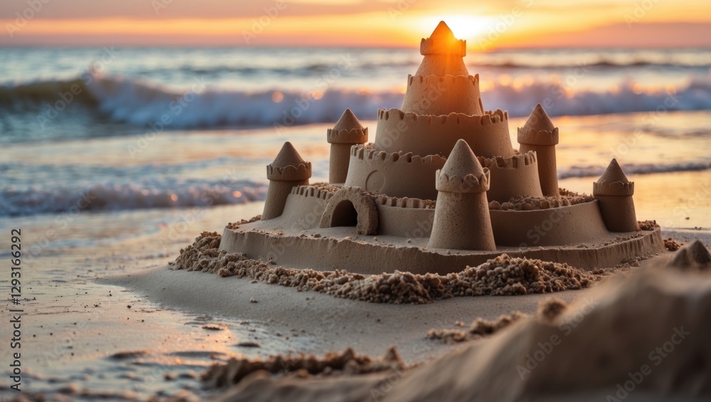 Poster sandcastle on the beach at sunset with ocean waves and clear sky creating a tranquil scene ideal for