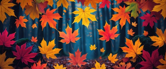 Fototapeta premium Vibrant seamless pattern of colorful autumn maple leaves with a serene forest backdrop creating a seasonal texture ideal for design projects.