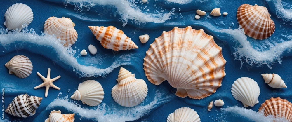 Poster seashells and pebbles on a blue background with gentle waves creating a serene coastal scene