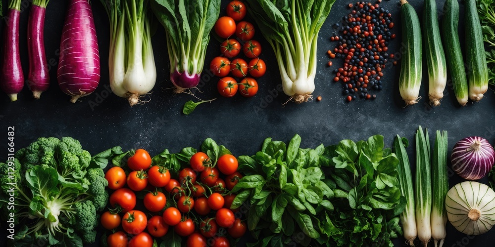 Poster fresh assortment of colorful vegetables displayed from above with space for overlay text
