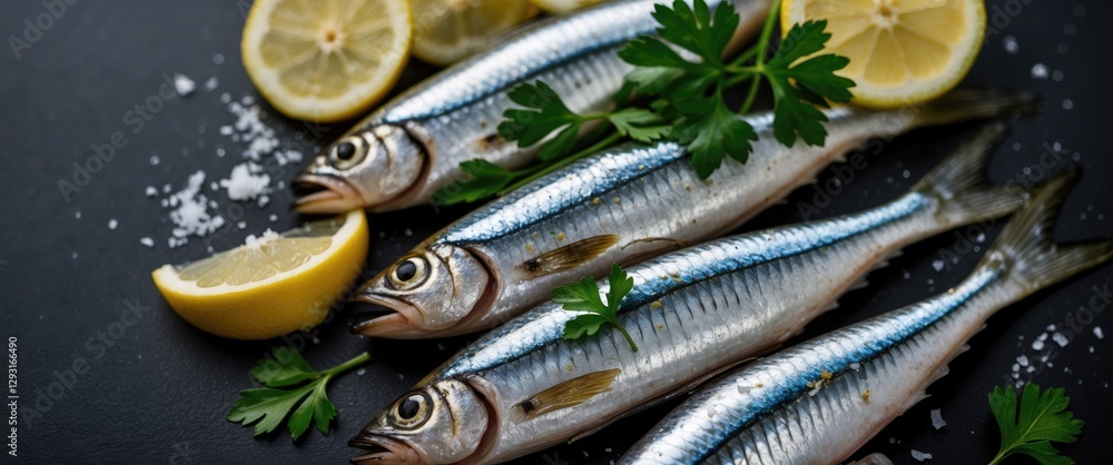 Poster fresh sardines with lemon and parsley on dark background garnished with salt featuring space for tex