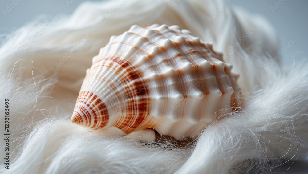 Aufkleber seashell resting on soft white wool fabric with ample negative space for text or graphic overlay in 