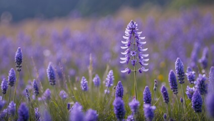 Obraz premium Vibrant Purple Flowers In A Meadow With Blurred Background And Space For Text Or Message