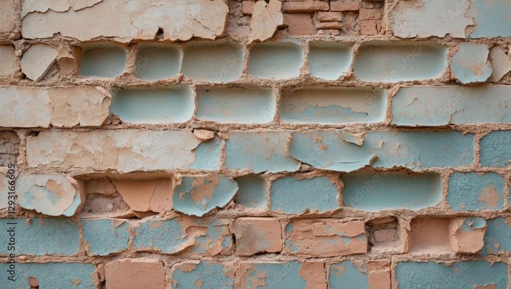 Poster textured background of weathered plaster brick wall with flaking paint showcasing intricate patterns