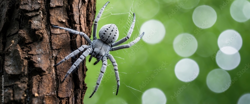 Poster grey spider on tree trunk with soft white bokeh against a vibrant green background capturing nature'