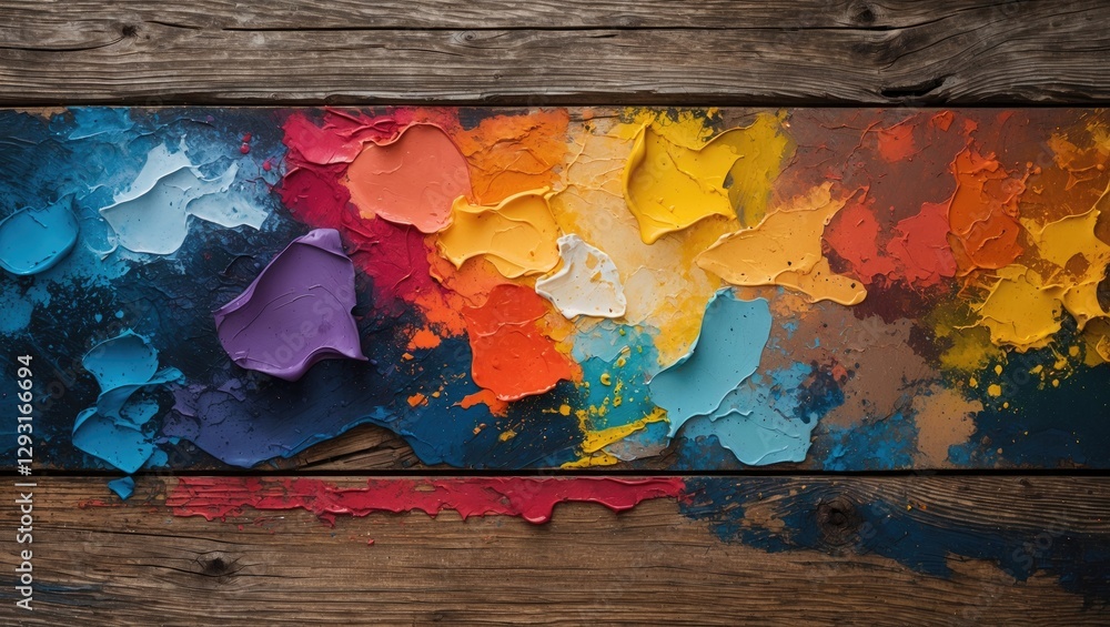 Poster colorful abstract paint texture on rustic wooden surface creating a vibrant artistic background for 
