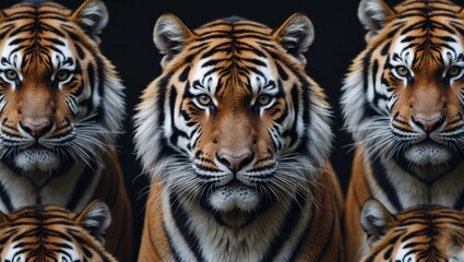 Obraz premium Majestic seamless tiger pattern showcasing vibrant fur textures and striking facial features on a dark background for bold design use.
