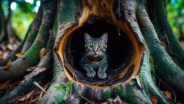 Close-up of a hollow damar tree with a curious cat peeking out, showcasing the unique connection between wildlife and natural habitats.