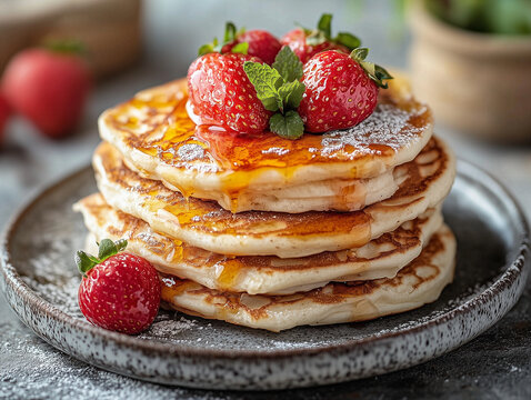 Food photo: full breakfast spread with berries on the table, well-lit promotional shot.