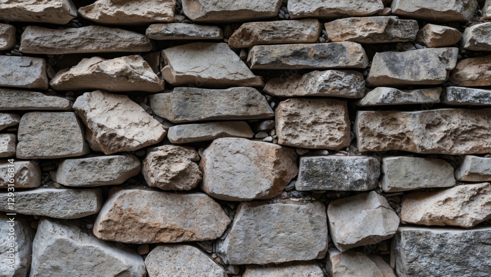 Poster textured stone wall background featuring a variety of rough stones in different sizes and shades cre
